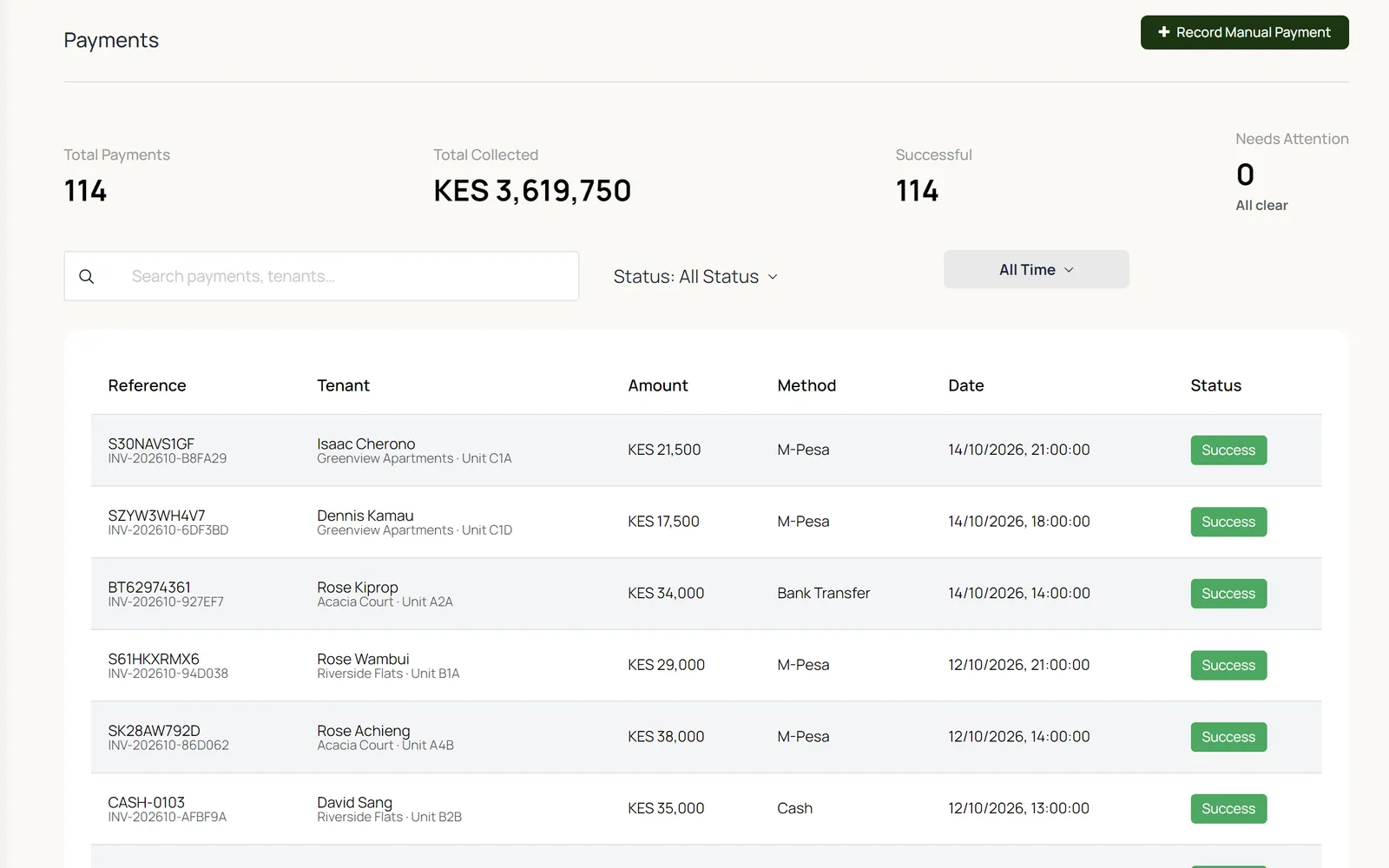 The FigBloom payments list: M-Pesa, bank transfer and cash payments with references, tenants, amounts, dates and a Success status. Sample data.