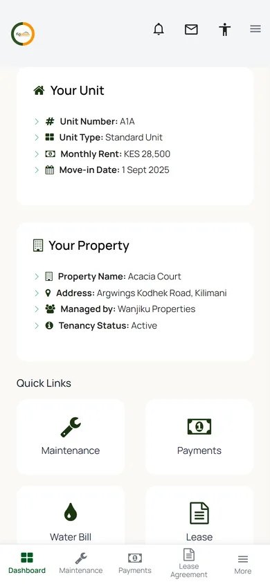 A tenant's dashboard on a phone, showing their unit, property and quick links to maintenance, payments, water bill and lease. Sample data.